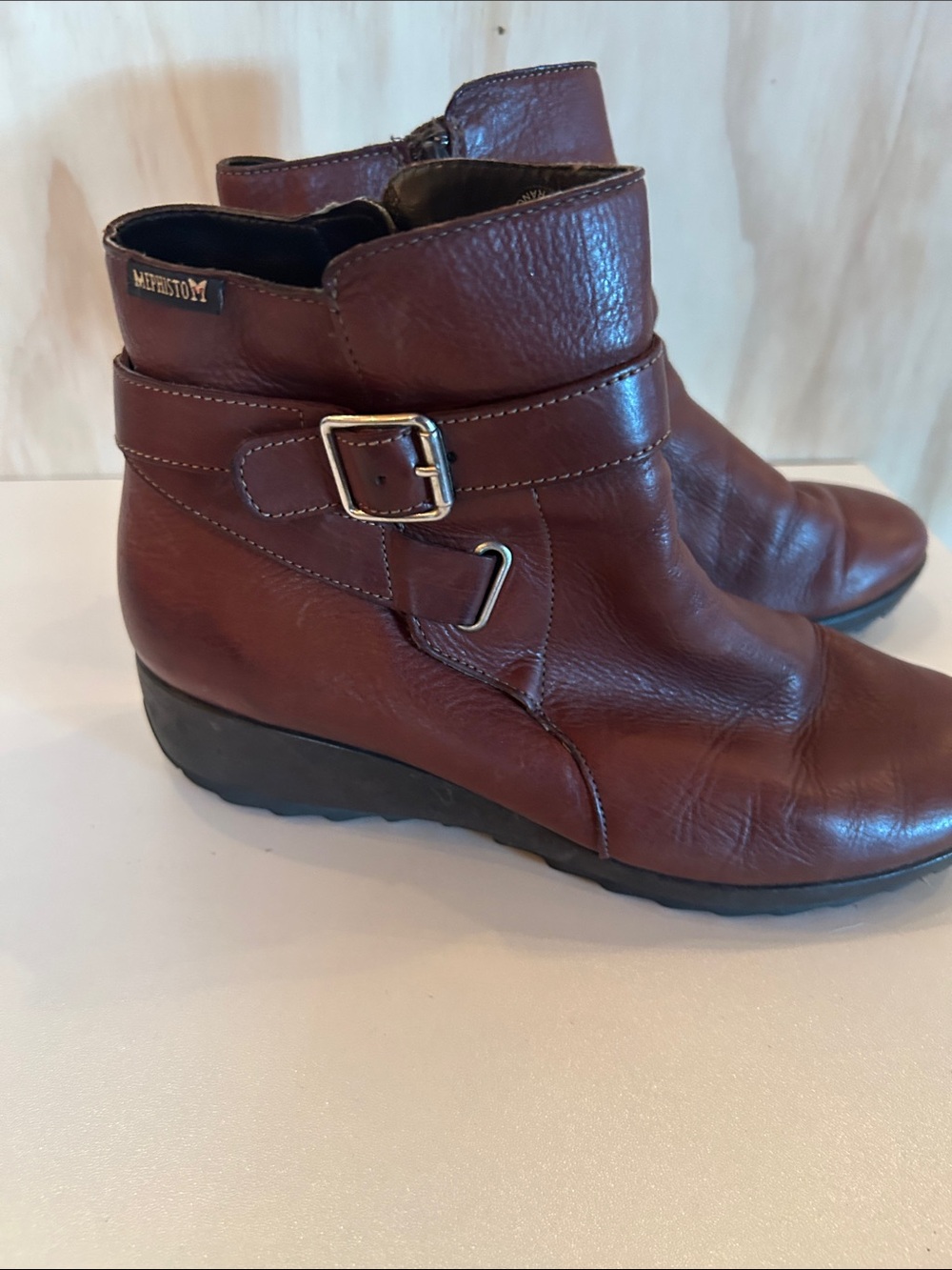Mephisto Women’s Burgundy Leather Ankle Booties with Buckle Accent